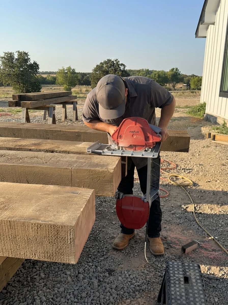 Photo. Cutting a corbel profile on site — proof shot, hands and timber
