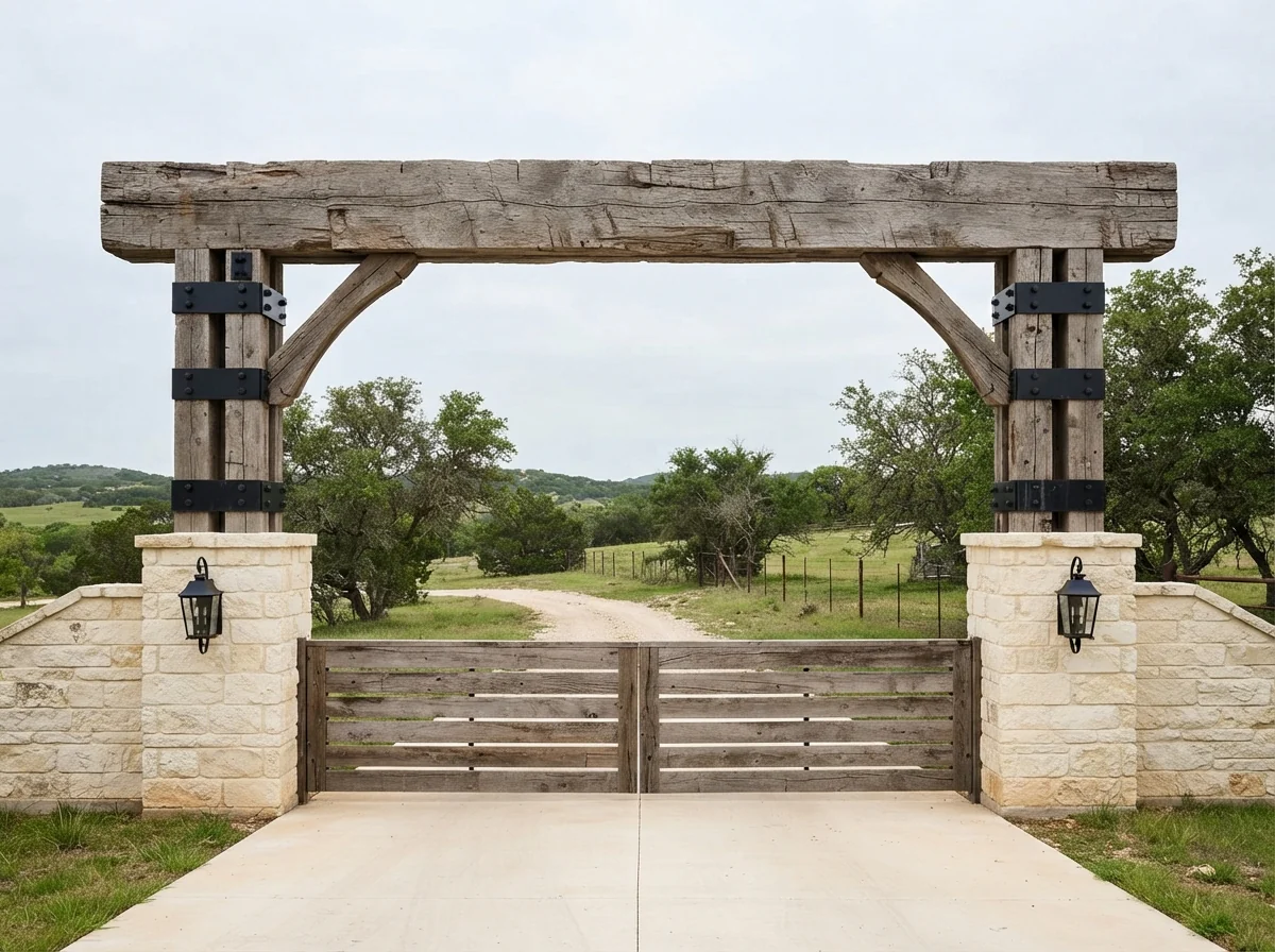 Photo. Large timber entry gate and header beam, head on, hill country